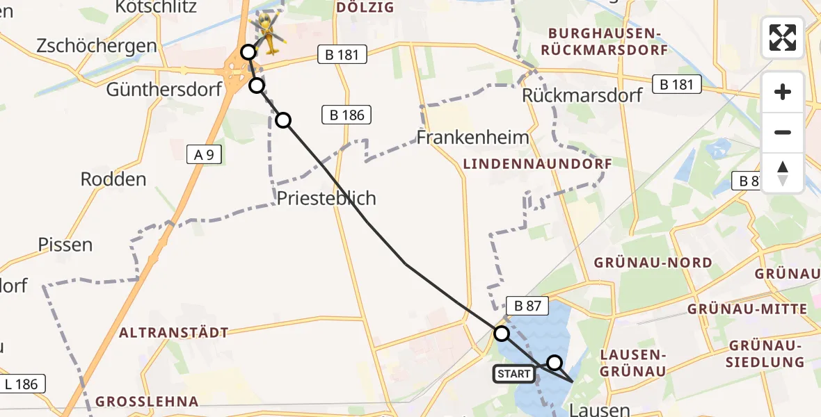 Flugroute Rettungshubschrauber Markranstädt - ADAC Air Rescue Station Leipzig/Schkeuditz-Dölzig Hubschrauberlandeplatz (Christoph 61), 11 Juli 2026, 18:32
