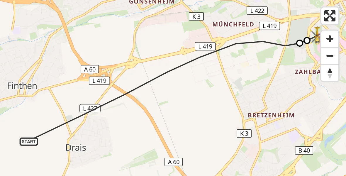 Flugroute Rettungshubschrauber Mainz - Mainz University Hospital, 11 Juli 2026, 18:34