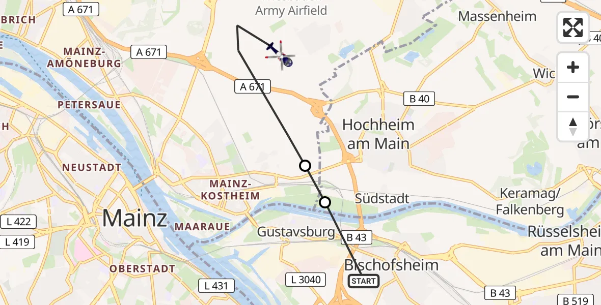 Flugroute Polizeihubschrauber Bischofsheim - Wiesbaden, 11 Juli 2026, 18:43