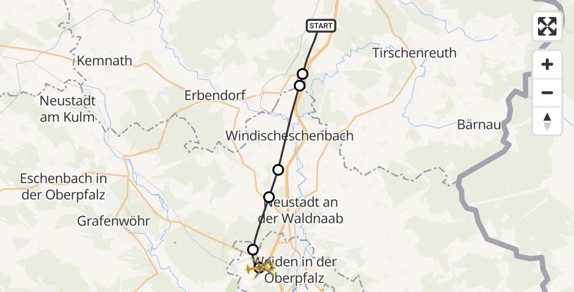 Flugroute Ambulanzhubschrauber Wiesau - Weiden in der Oberpfalz Flugplatz, 11 Juli 2026, 18:46