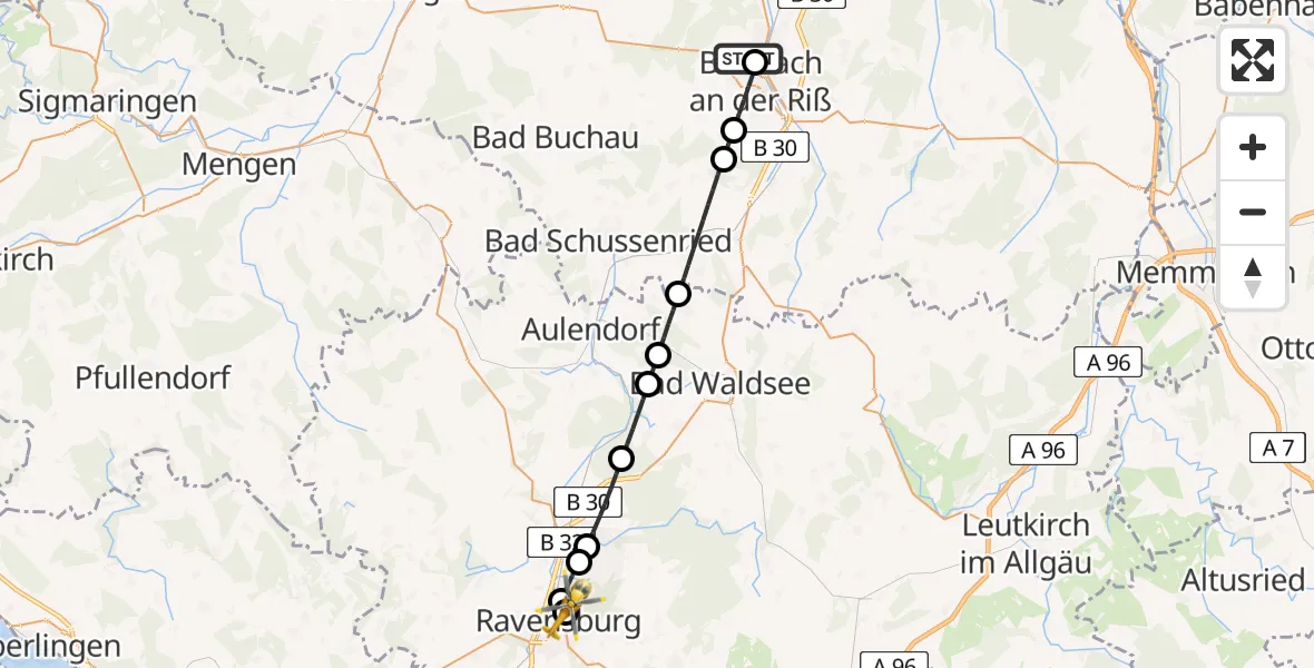 Flugroute Rettungshubschrauber Sana Clinic Biberach District Hospital - Sankt Elisabeth Hospital, 11 Juli 2026, 18:47