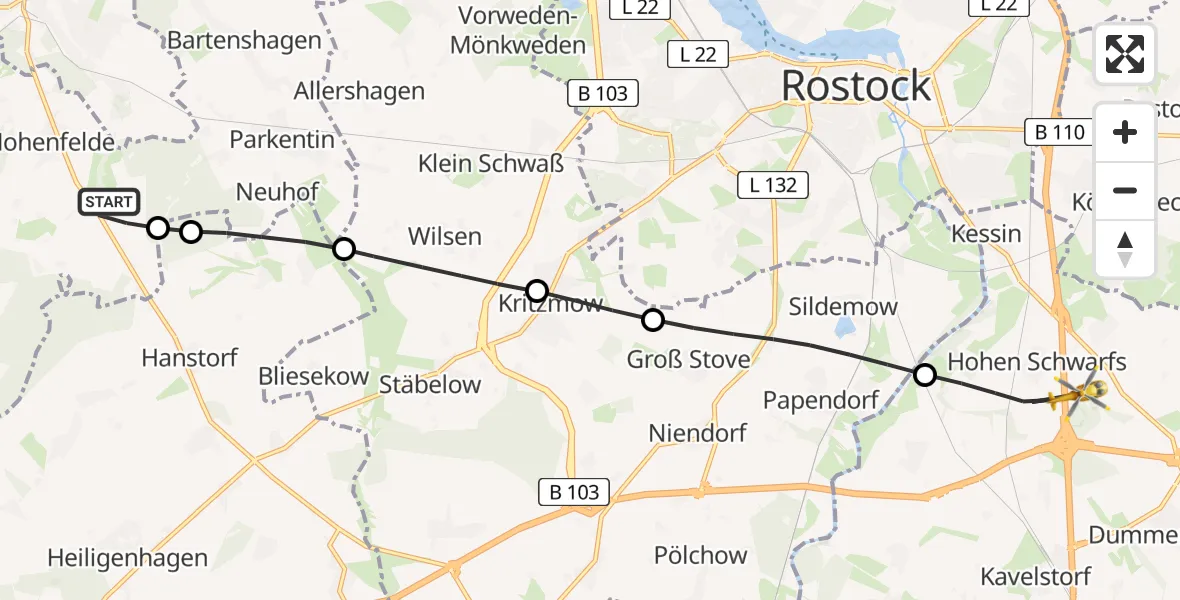 Flugroute Ambulanzhubschrauber Hohenfelde - Dummerstorf, 11 Juli 2026, 18:48