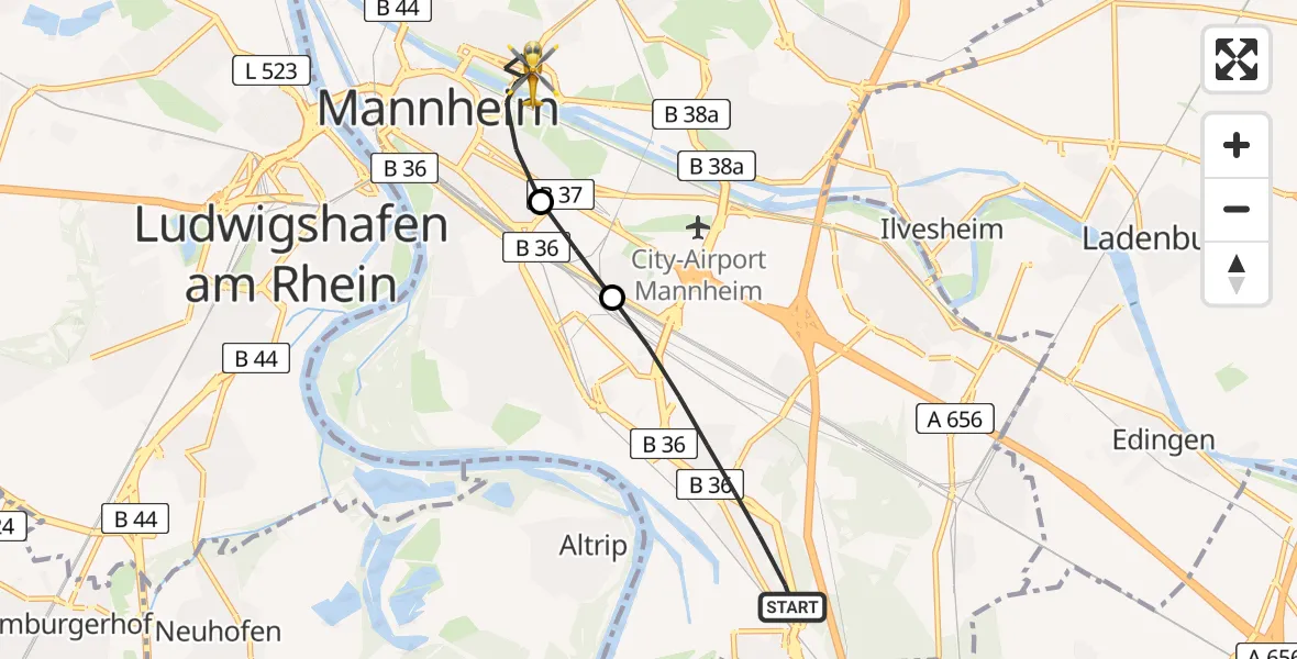 Flugroute Rettungshubschrauber Mannheim - Mannheim, 11 Juli 2026, 18:54