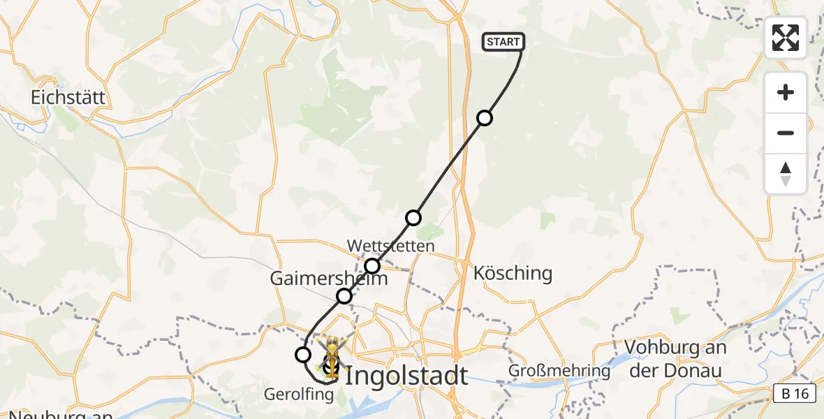 Flugroute Rettungshubschrauber Denkendorf - Ingolstadt Hospital, 11 Juli 2026, 18:57