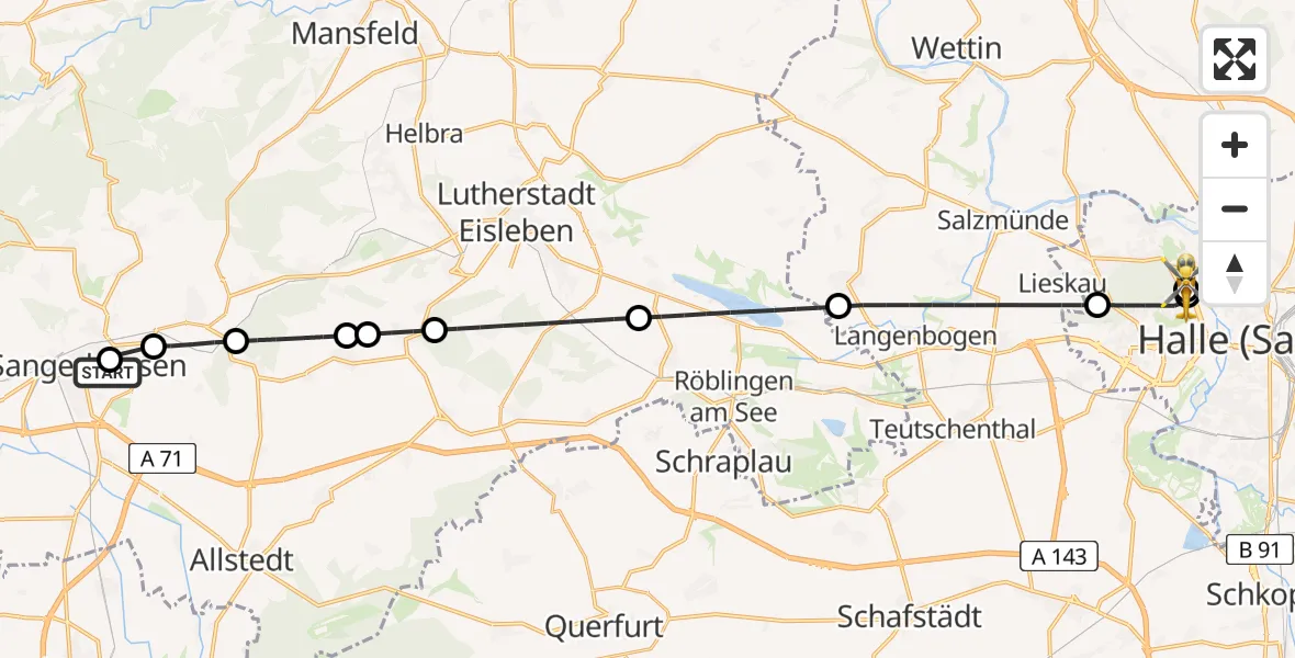 Flugroute Rettungshubschrauber Helios Clinic Mansfeld-Südharz - Halle (Saale) University Hospital, 11 Juli 2026, 18:58