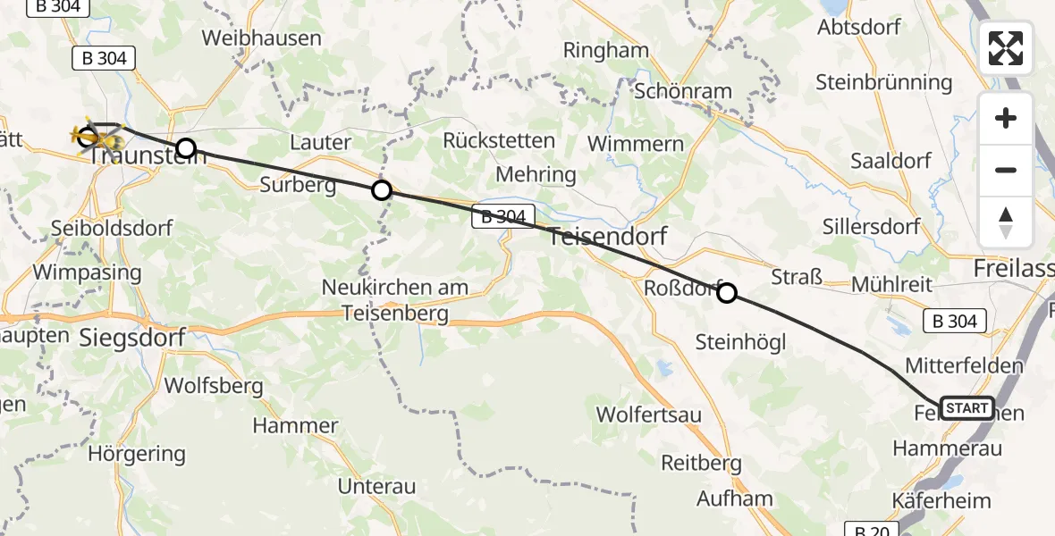 Flugroute Rettungshubschrauber Ainring - Traunstein Hospital, 11 Juli 2026, 18:58