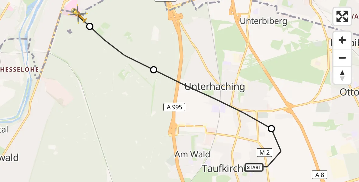 Flugroute Rettungshubschrauber Taufkirchen - ADAC Air Rescue Center Hubschrauberlandeplatz (Christoph 1), 11 Juli 2026, 19:03