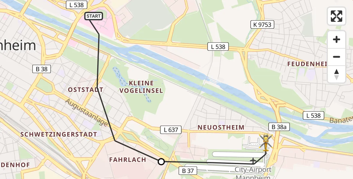 Flugroute Rettungshubschrauber Mannheim - Mannheim-City Flughafen, 11 Juli 2026, 19:07