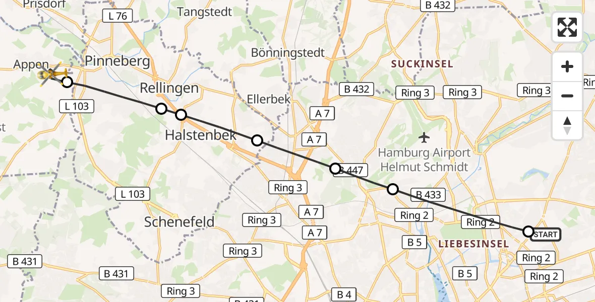 Flugroute Rettungshubschrauber Hamburg Military Hospital - Appen, 11 Juli 2026, 19:10