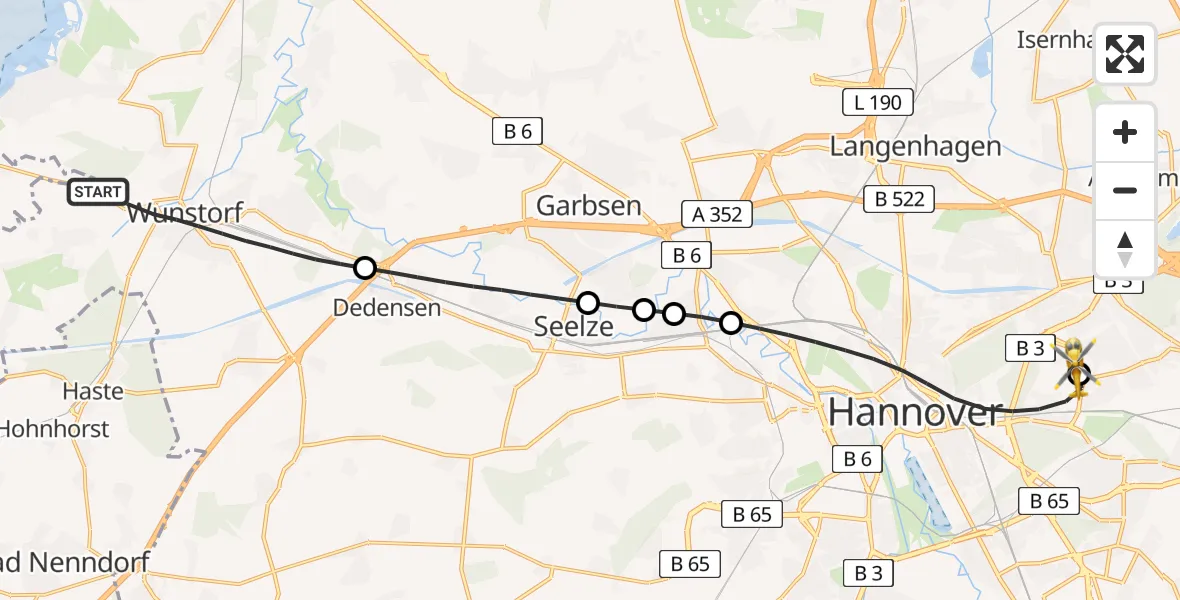 Flugroute Rettungshubschrauber Wunstorf - Hannover Luftrettung Hubschrauberlandeplatz (Christoph 4), 11 Juli 2026, 19:17