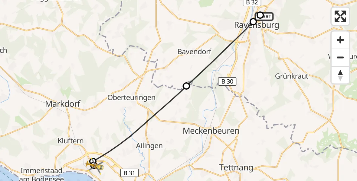 Flugroute Rettungshubschrauber Sankt Elisabeth Hospital - Friedrichshafen Hospital, 11 Juli 2026, 19:31