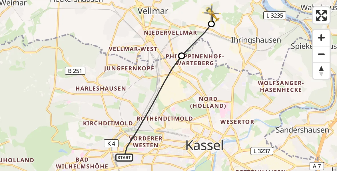 Flugroute Rettungshubschrauber Kassel - Fuldatal Bundespolizei Hubschrauberlandeplatz, 11 Juli 2026, 19:32