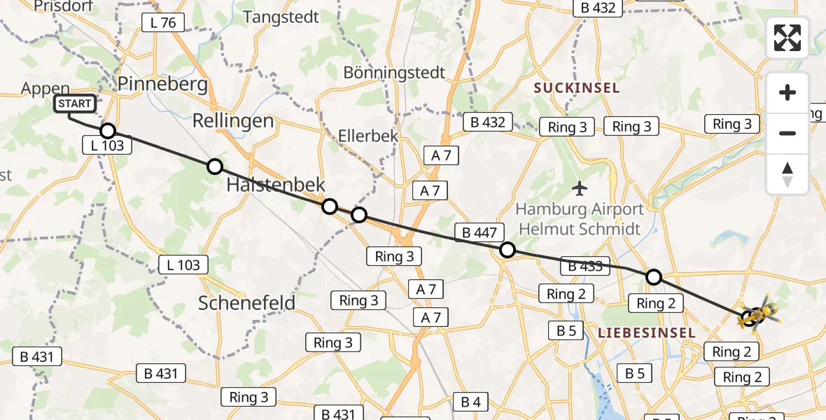 Flugroute Rettungshubschrauber Appen - Hamburg Military Hospital, 11 Juli 2026, 19:36