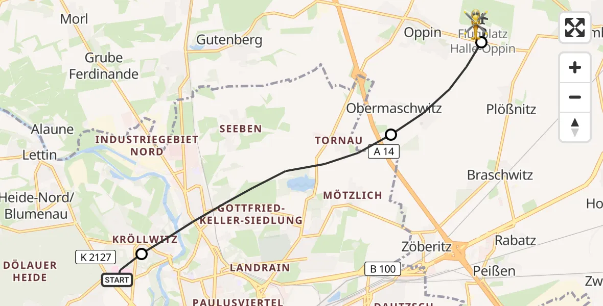 Flugroute Rettungshubschrauber Halle (Saale) University Hospital - Halle-Oppin Flugplatz, 11 Juli 2026, 19:45