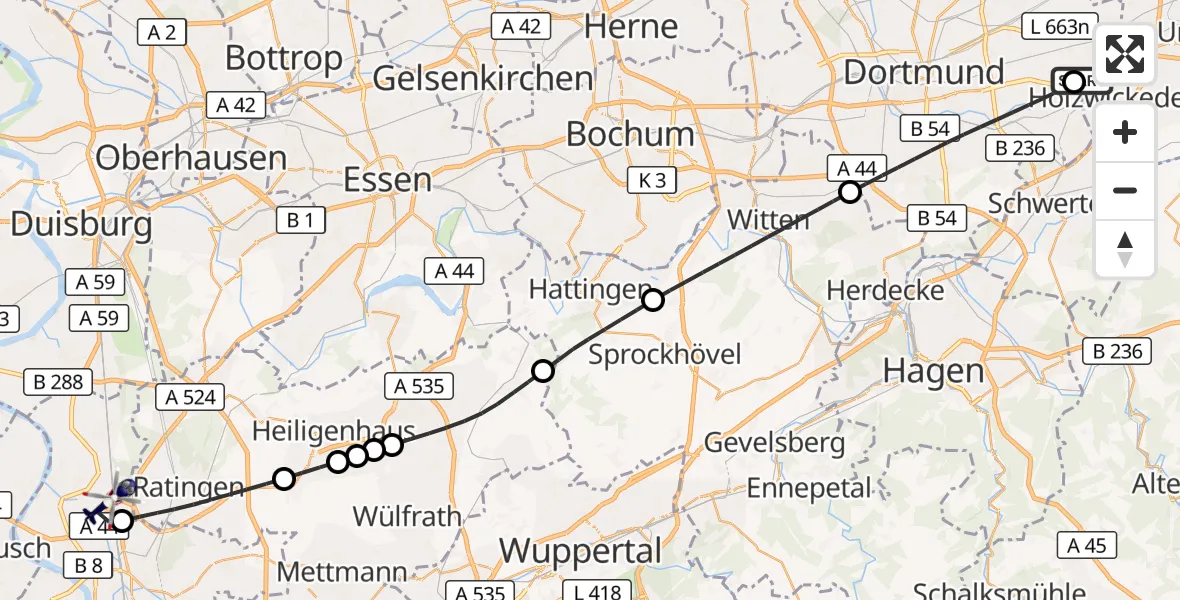 Flugroute Polizeihubschrauber Dortmund Flughafen - Düsseldorf Flughafen, 11 Juli 2026, 19:50