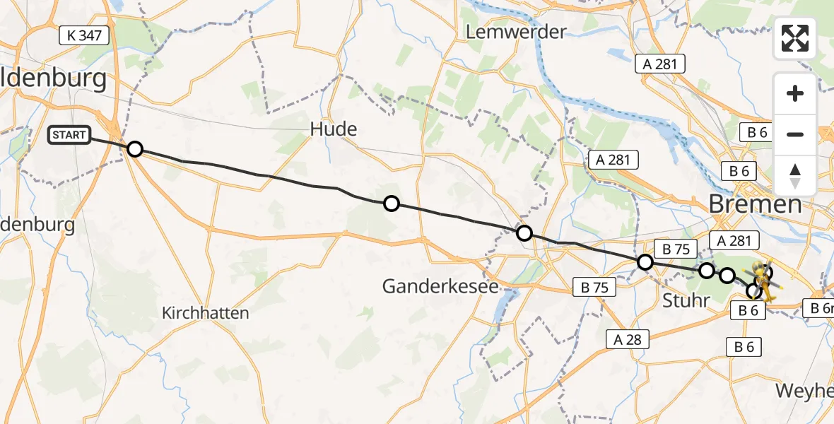 Flugroute Rettungshubschrauber Oldenburg (Oldb) - ADAC Air Rescue Station Bremen Hubschrauberlandeplatz (Christoph 6), 11 Juli 2026, 20:22