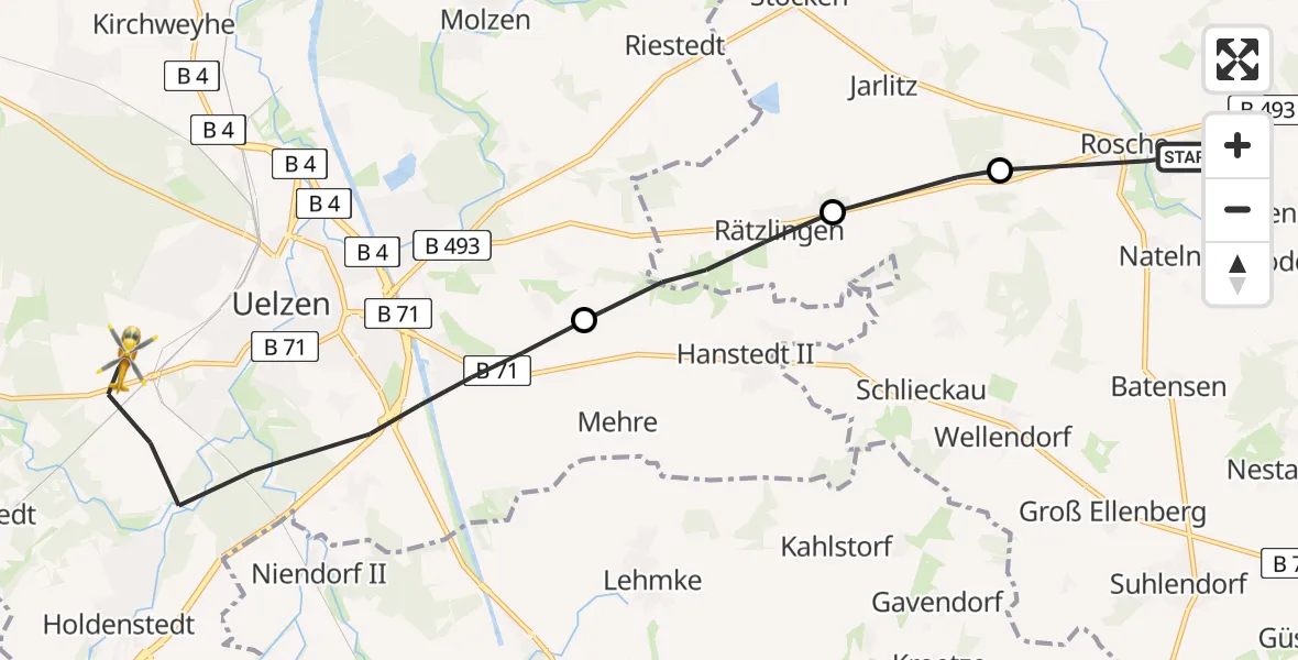 Flugroute Rettungshubschrauber Rosche - Uelzen, 11 Juli 2026, 20:27