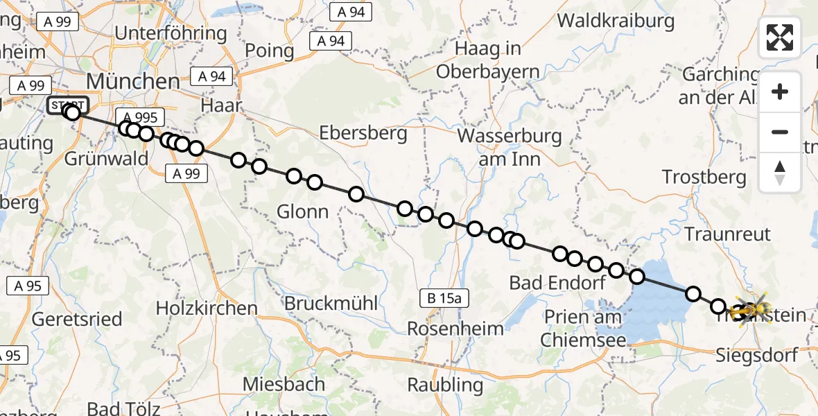 Flugroute Rettungshubschrauber DRF Air Rescue München Hubschrauberlandeplatz - Traunstein Hospital, 11 Juli 2026, 20:38