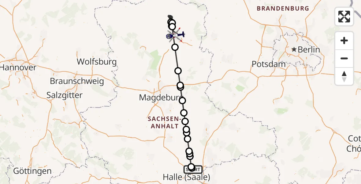 Flugroute Polizeihubschrauber Halle-Oppin Flugplatz - Stendal, 11 Juli 2026, 20:51