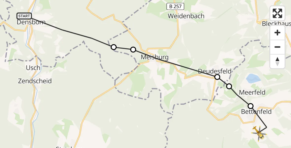 Flugroute Rettungshubschrauber Densborn - Bettenfeld, 11 Juli 2026, 21:08