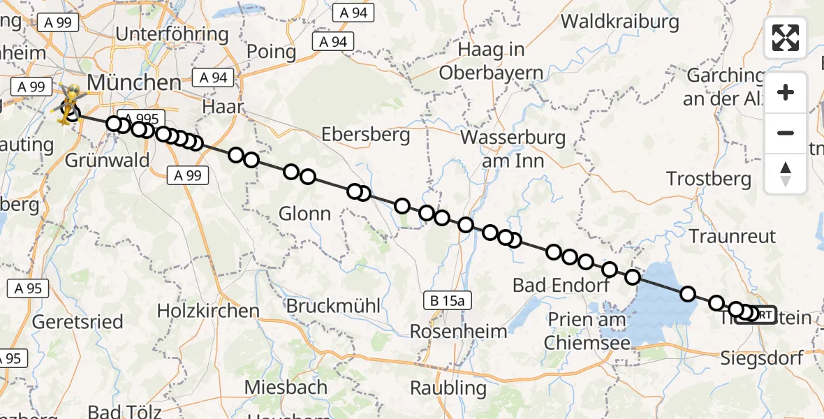 Flugroute Rettungshubschrauber Traunstein Hospital - DRF Air Rescue München Hubschrauberlandeplatz, 11 Juli 2026, 21:27