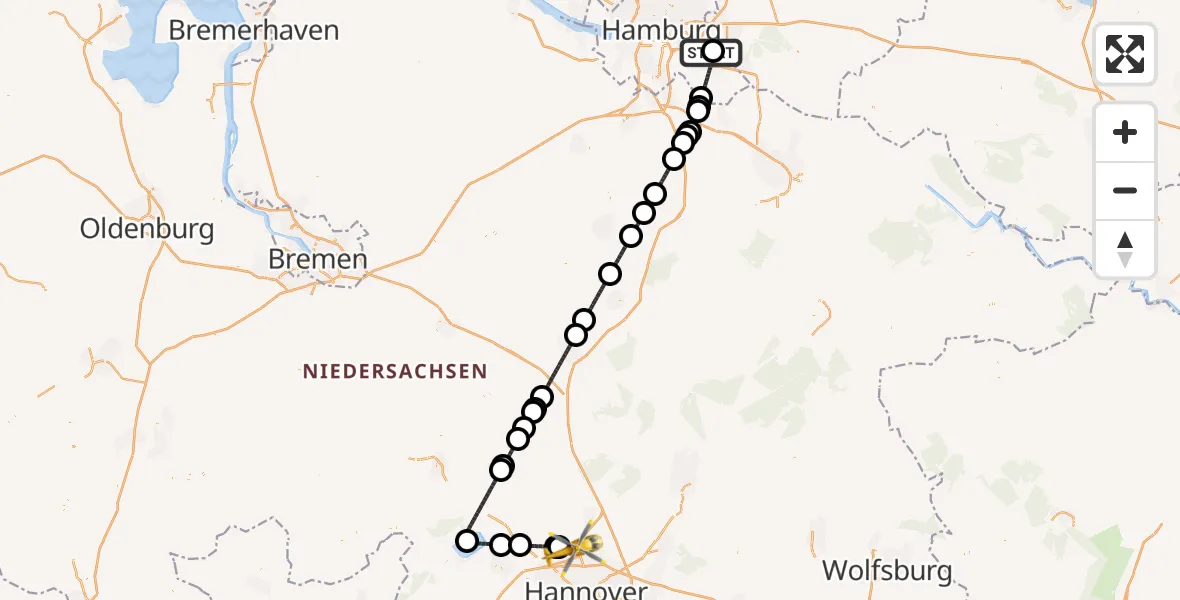 Flugroute Rettungshubschrauber Christoph Hansa ADAC Hubschrauberlandeplatz - Flughafen Hannover, 11 Juli 2026, 21:32