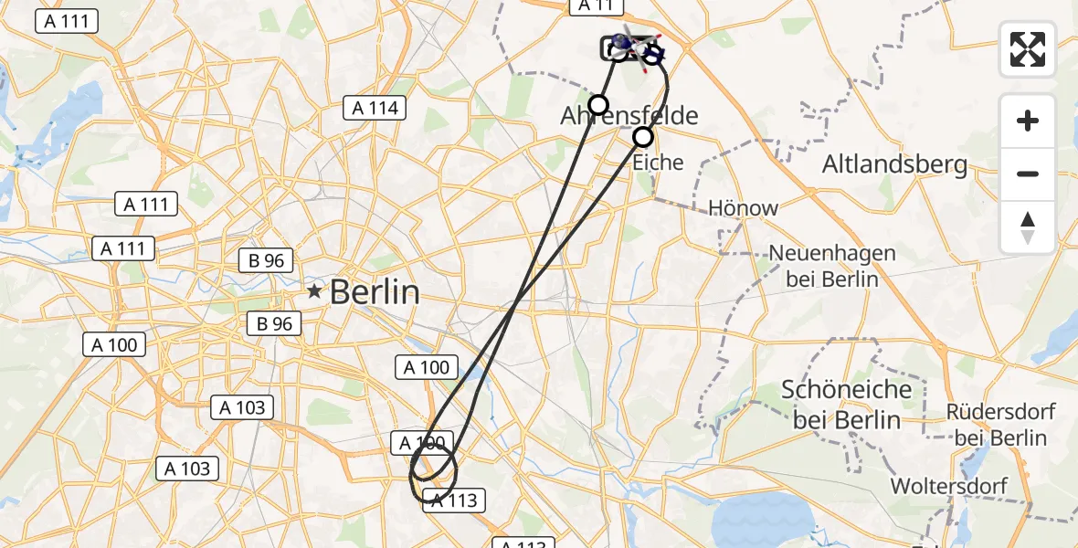 Flugroute Polizeihubschrauber Ahrensfelde Hubschrauberlandeplatz - Ahrensfelde Hubschrauberlandeplatz, 11 Juli 2026, 21:38