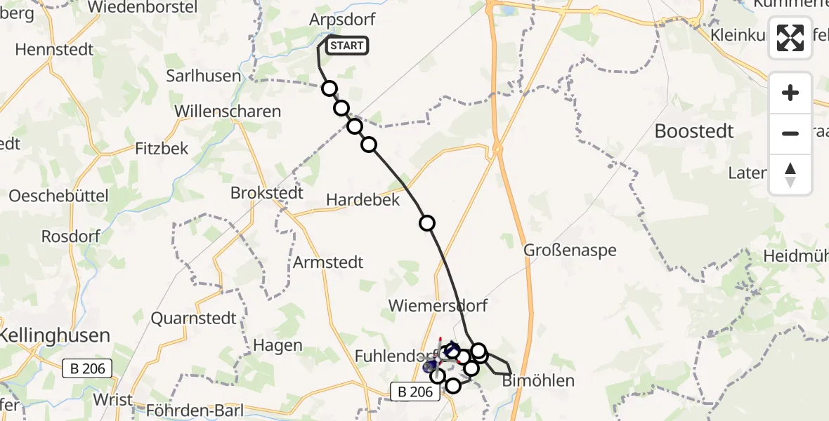 Flugroute Polizeihubschrauber Arpsdorf - Bad Bramstedt Hubschrauberlandeplatz, 11 Juli 2026, 22:02