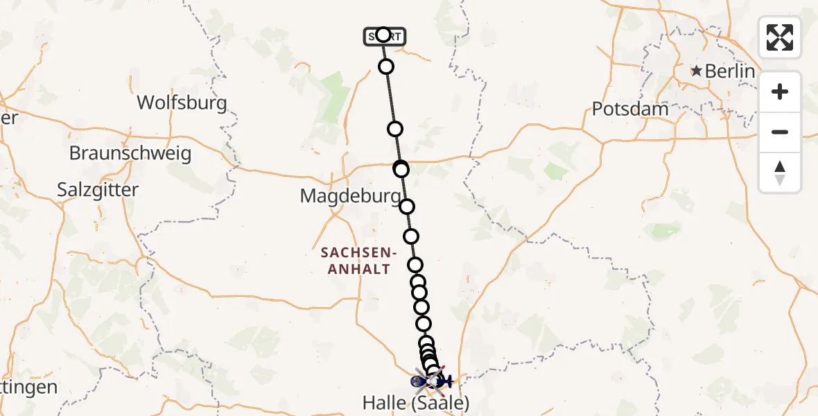 Flugroute Polizeihubschrauber Stendal-Borstel Flugplatz - Halle-Oppin Flugplatz, 11 Juli 2026, 22:42