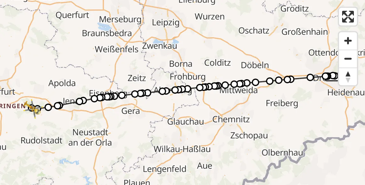 Flugroute Ambulanzhubschrauber Dresden University Hospital - DRF Rettungsstation Bad Berka Hubschrauberlandeplatz, 11 Juli 2026, 23:34