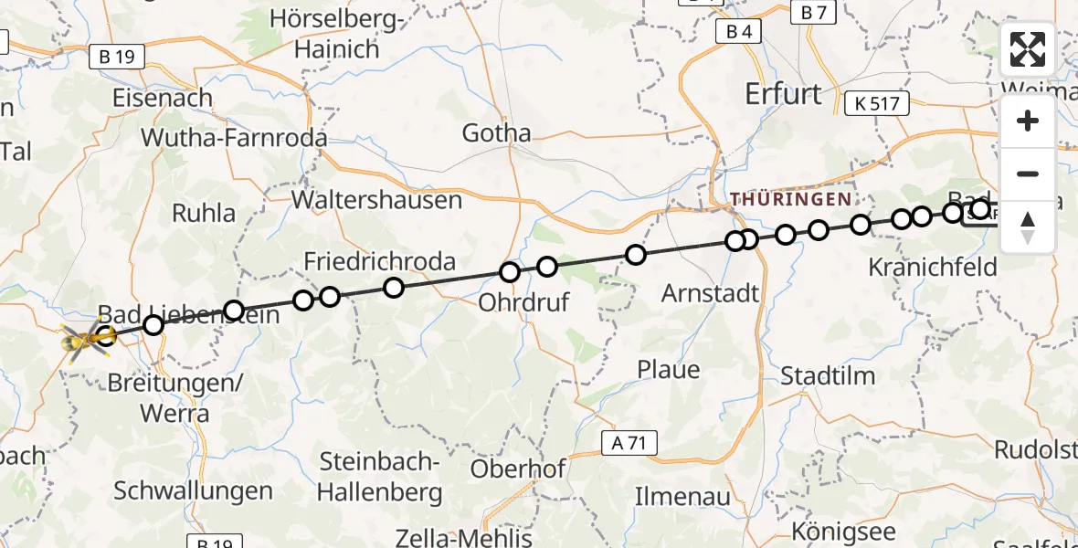 Flugroute Ambulanzhubschrauber Bad Berka Central Hospital - Bad Salzungen, 12 Juli 2026, 00:30
