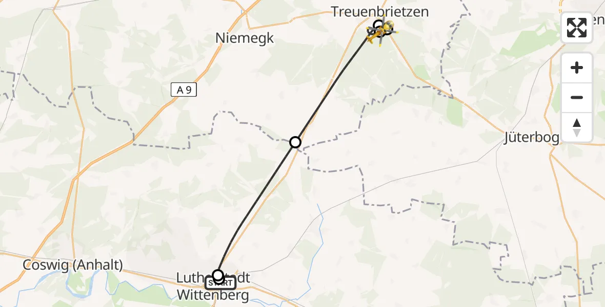Flugroute Rettungshubschrauber Paul-Gerhardt-Stift Evangelical Hospital - Johanniter Hospital Treuenbrietzen Hubschrauberlandeplatz, 12 Juli 2026, 00:30