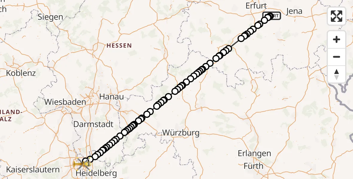 Flugroute Ambulanzhubschrauber Bad Berka - Mannheim, 12 Juli 2026, 00:41