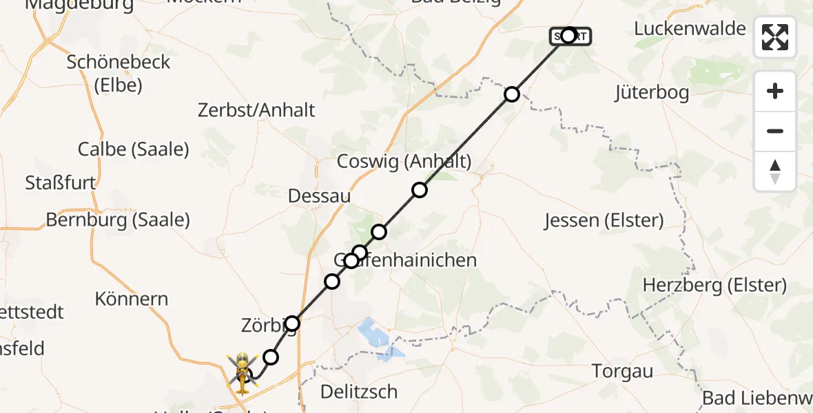 Flugroute Rettungshubschrauber Johanniter Hospital Treuenbrietzen - Halle-Oppin Flugplatz, 12 Juli 2026, 01:26