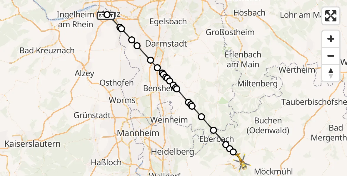 Flugroute Rettungshubschrauber Mainz University Hospital - Mosbach, 12 Juli 2026, 01:50