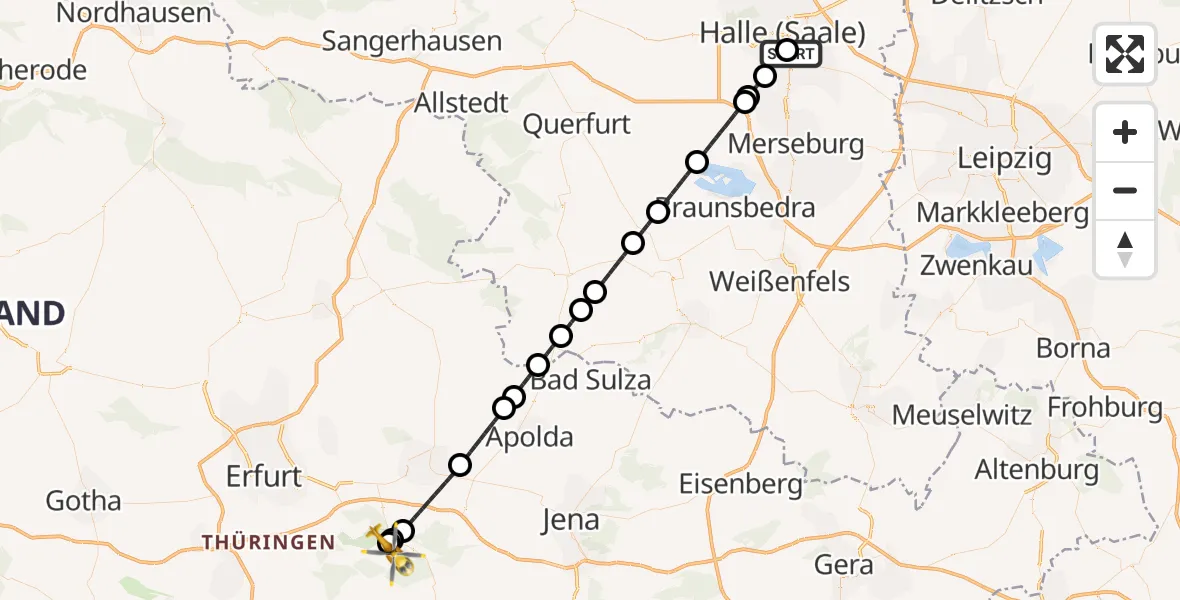 Flugroute Ambulanzhubschrauber BG Hospital Bergmannstrost Halle - DRF Rettungsstation Bad Berka Hubschrauberlandeplatz, 12 Juli 2026, 02:24