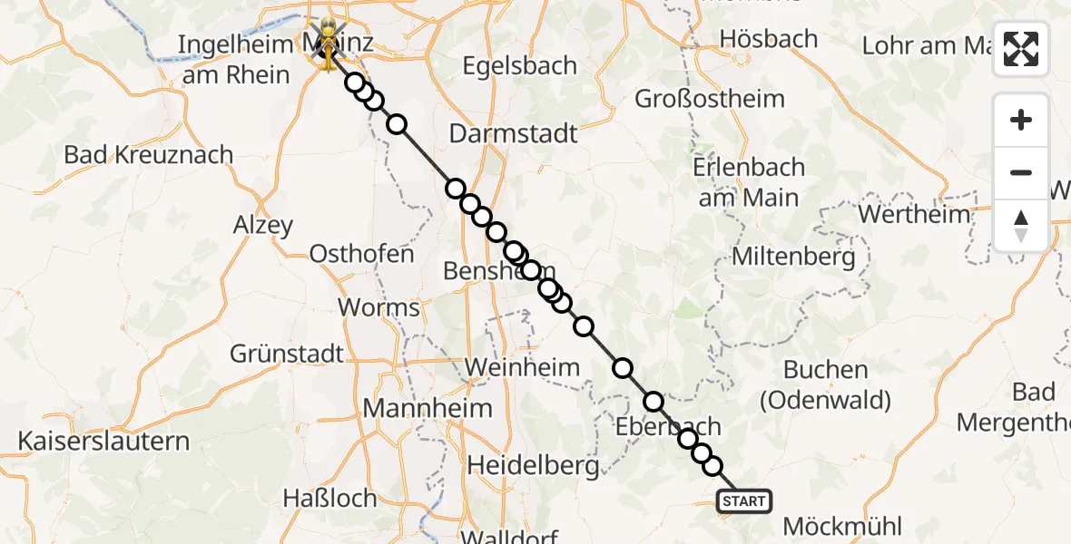 Flugroute Rettungshubschrauber Mosbach - Mainz University Hospital, 12 Juli 2026, 02:51