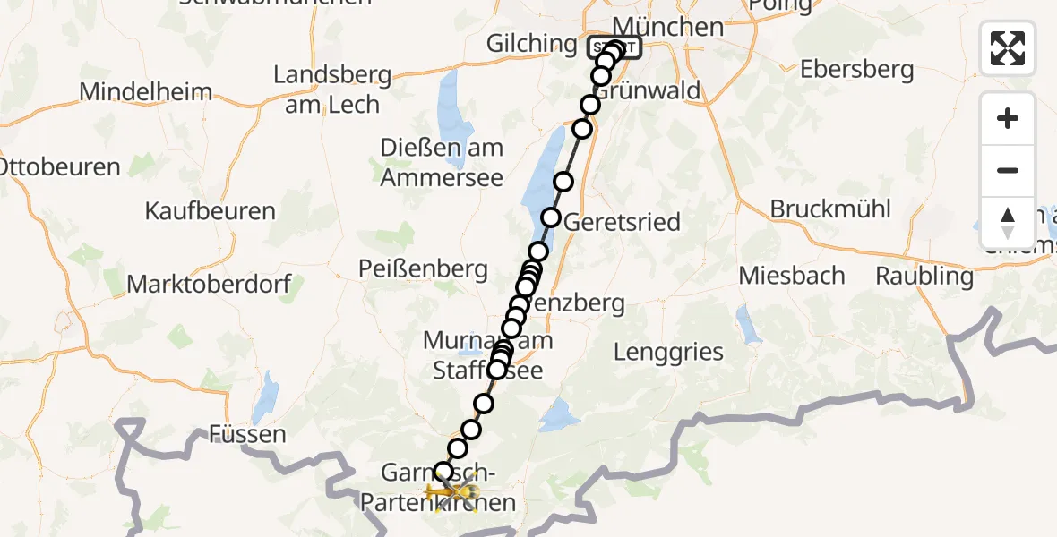 Flugroute Rettungshubschrauber DRF Air Rescue München Hubschrauberlandeplatz - Garmisch-Partenkirchen Clinic Hubschrauberlandeplatz, 12 Juli 2026, 03:44