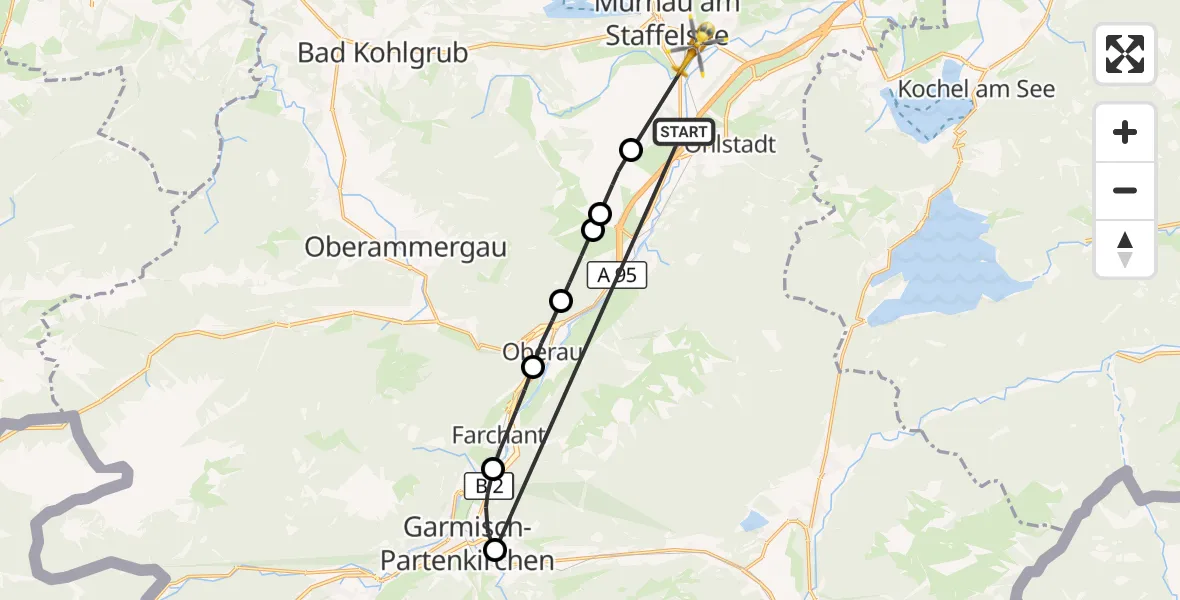 Flugroute Rettungshubschrauber Ohlstadt - Murnau a.Staffelsee, 12 Juli 2026, 04:42