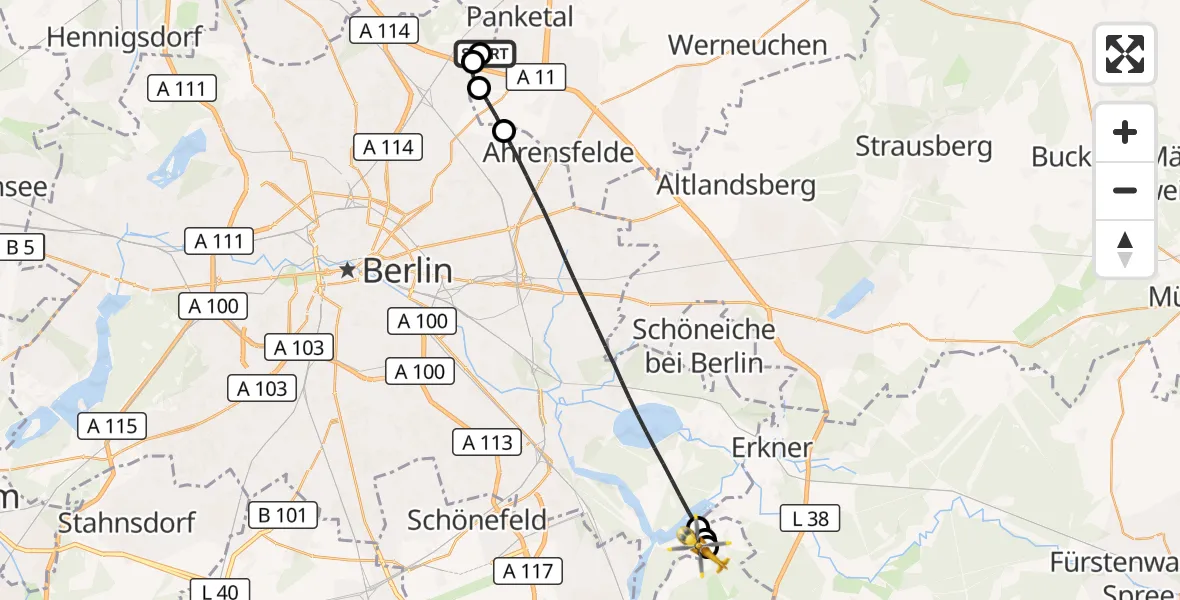 Flugroute Rettungshubschrauber Helios Clinic Berlin-Buch - Königs Wusterhausen, 12 Juli 2026, 04:58
