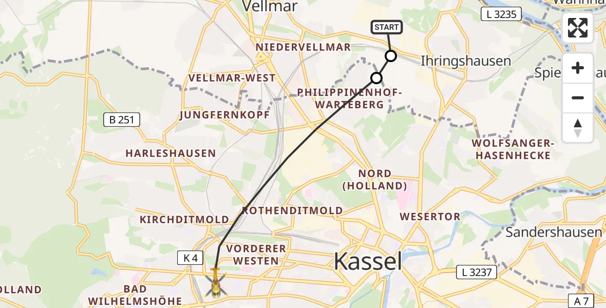 Flugroute Rettungshubschrauber Fuldatal Bundespolizei Hubschrauberlandeplatz - Kassel, 12 Juli 2026, 05:03