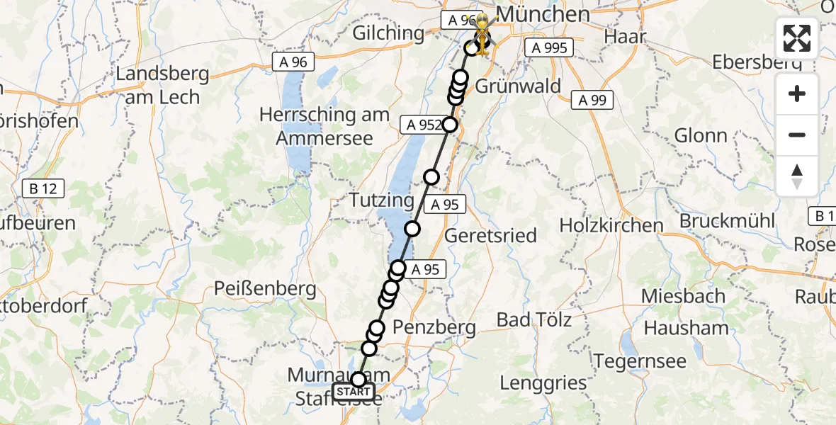 Flugroute Rettungshubschrauber Murnau a.Staffelsee - DRF Air Rescue München Hubschrauberlandeplatz, 12 Juli 2026, 05:16