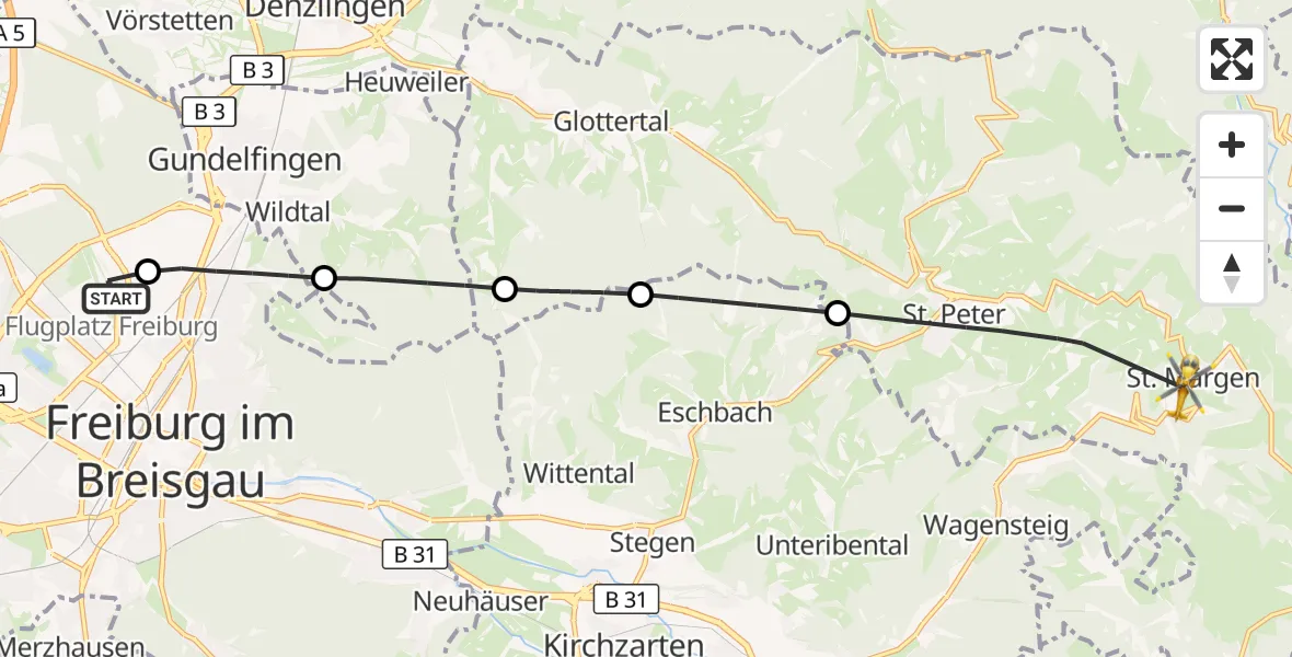 Flugroute Ambulanzhubschrauber Freiburg im Breisgau Flugplatz - St. Märgen, 12 Juli 2026, 06:07
