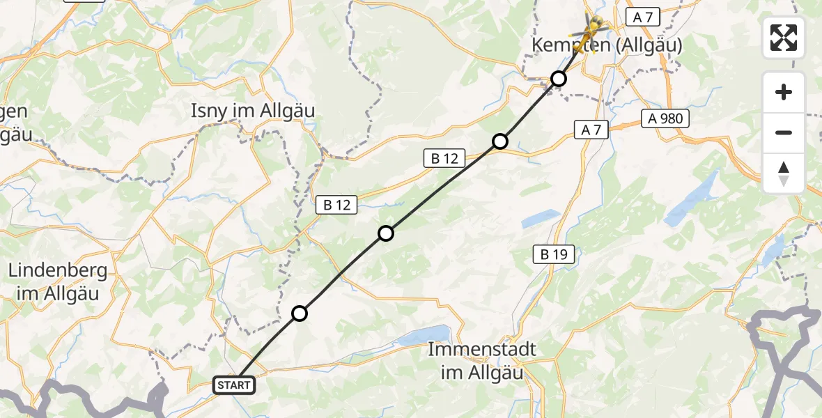 Flugroute Rettungshubschrauber Oberstaufen - Kempten (Allgäu), 12 Juli 2026, 06:28