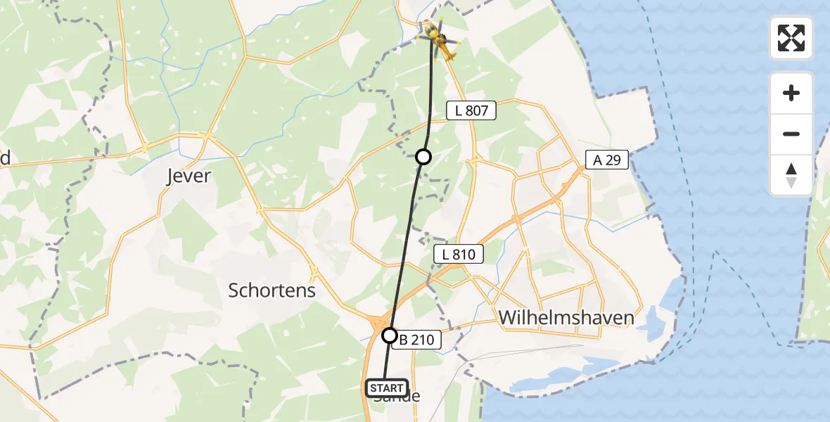 Flugroute Rettungshubschrauber Sande - Wilhelmshaven, 12 Juli 2026, 06:36