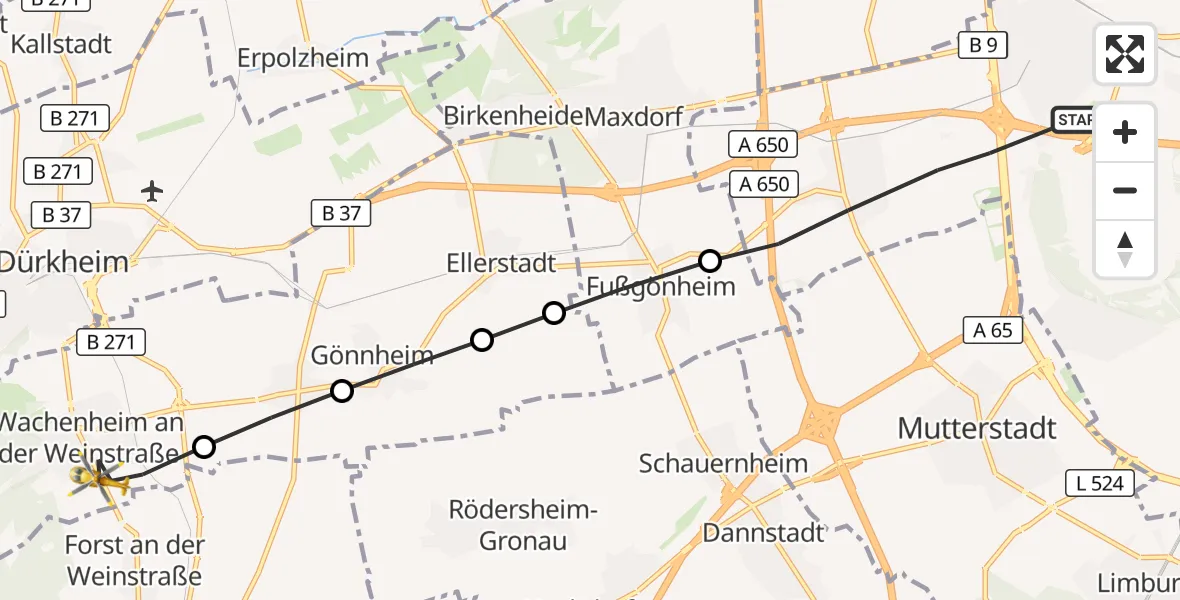 Flugroute Rettungshubschrauber Ludwigshafen am Rhein - Wachenheim an der Weinstraße, 12 Juli 2026, 06:42