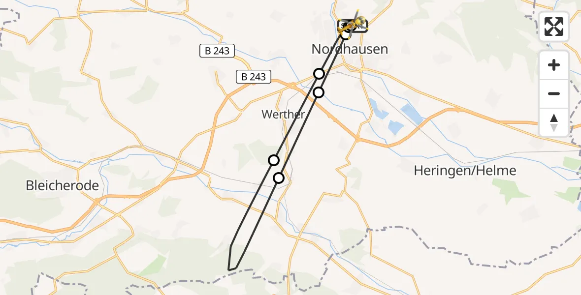 Flugroute Rettungshubschrauber Südharz Hospital Nordhausen - Südharz Hospital Nordhausen, 12 Juli 2026, 06:46