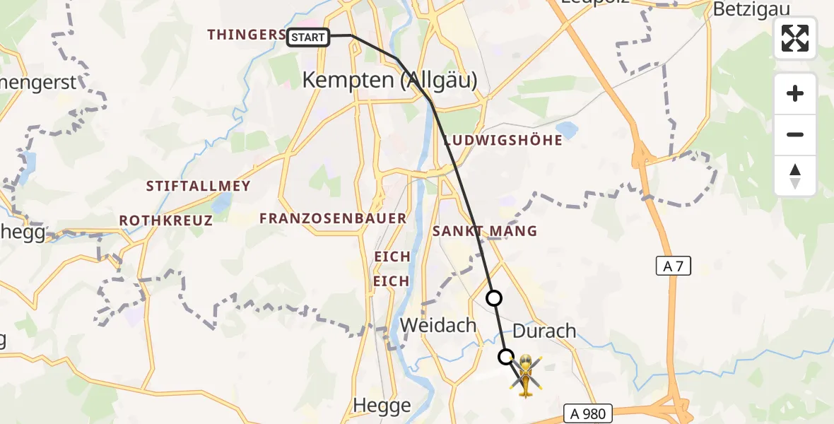 Flugroute Rettungshubschrauber Kempten (Allgäu) - Kempten-Durach Flugplatz, 12 Juli 2026, 06:46