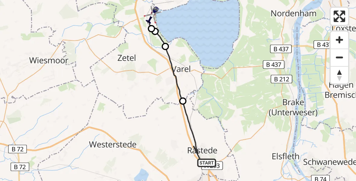 Flugroute Polizeihubschrauber Rastede - Sande, 12 Juli 2026, 06:57