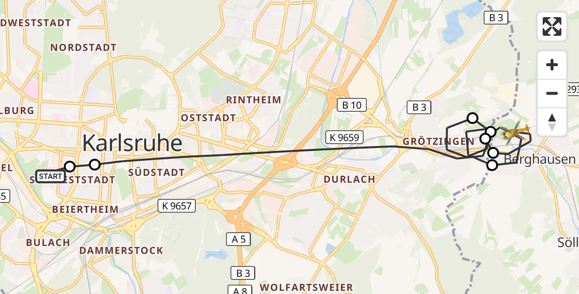 Flugroute Ambulanzhubschrauber Sankt Vincentius Hospital - Pfinztal, 12 Juli 2026, 06:58